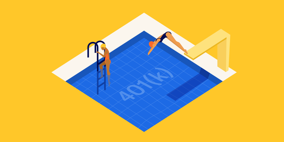 One person diving in a pool, as one person steps in slowly.